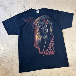 Grunge Y2K Oversized Fruit of the Loom Grim Reaper Black T-Shirt Size 2XL